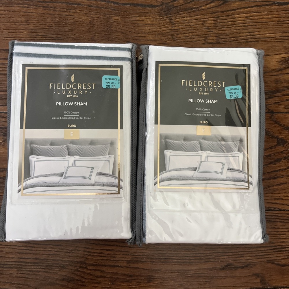 Lot Of 2 fieldcrest euro sham mineral blue Embroidered Border Stripes